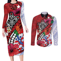 Puerto Rico Boricua Couples Matching Long Sleeve Bodycon Dress and Long Sleeve Button Shirt Taino - Polynesia Tribal Mix - Wonder Print Shop