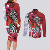 Puerto Rico Boricua Couples Matching Long Sleeve Bodycon Dress and Long Sleeve Button Shirt Taino - Polynesia Tribal Mix - Wonder Print Shop