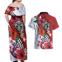 Puerto Rico Boricua Couples Matching Off Shoulder Maxi Dress and Hawaiian Shirt Taino - Polynesia Tribal Mix - Wonder Print Shop