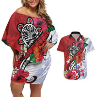 Puerto Rico Boricua Couples Matching Off Shoulder Short Dress and Hawaiian Shirt Taino - Polynesia Tribal Mix - Wonder Print Shop