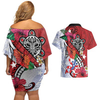 Puerto Rico Boricua Couples Matching Off Shoulder Short Dress and Hawaiian Shirt Taino - Polynesia Tribal Mix - Wonder Print Shop