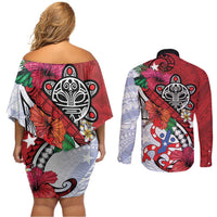 Puerto Rico Boricua Couples Matching Off Shoulder Short Dress and Long Sleeve Button Shirt Taino - Polynesia Tribal Mix - Wonder Print Shop