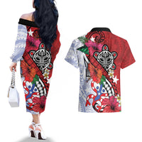 Puerto Rico Boricua Couples Matching Off The Shoulder Long Sleeve Dress and Hawaiian Shirt Taino - Polynesia Tribal Mix - Wonder Print Shop