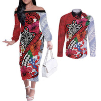 Puerto Rico Boricua Couples Matching Off The Shoulder Long Sleeve Dress and Long Sleeve Button Shirt Taino - Polynesia Tribal Mix - Wonder Print Shop