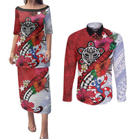 Puerto Rico Boricua Couples Matching Puletasi and Long Sleeve Button Shirt Taino - Polynesia Tribal Mix - Wonder Print Shop