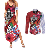 Puerto Rico Boricua Couples Matching Summer Maxi Dress and Long Sleeve Button Shirt Taino - Polynesia Tribal Mix - Wonder Print Shop