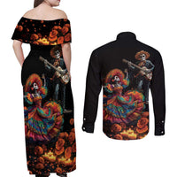 Mexico Dia de los Muertos Couples Matching Off Shoulder Maxi Dress and Long Sleeve Button Shirt La Calavera Catrina LT7 - Wonder Print Shop