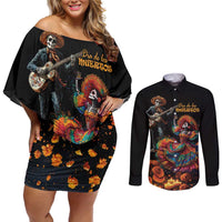 Mexico Dia de los Muertos Couples Matching Off Shoulder Short Dress and Long Sleeve Button Shirt La Calavera Catrina LT7 - Wonder Print Shop