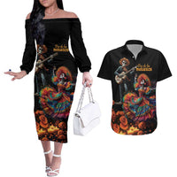 Mexico Dia de los Muertos Couples Matching Off The Shoulder Long Sleeve Dress and Hawaiian Shirt La Calavera Catrina LT7 - Wonder Print Shop