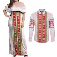 Lithuania Folk Pattern Vytis Motif Couples Matching Off Shoulder Maxi Dress and Long Sleeve Button Shirt