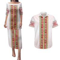 Lithuania Folk Pattern Vytis Motif Couples Matching Puletasi and Hawaiian Shirt