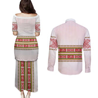 Lithuania Folk Pattern Vytis Motif Couples Matching Puletasi and Long Sleeve Button Shirt