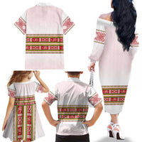Lithuania Folk Pattern Vytis Motif Family Matching Off The Shoulder Long Sleeve Dress and Hawaiian Shirt