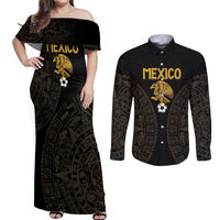 Mexico Football Custom Couples Matching Off Shoulder Maxi Dress and Long Sleeve Button Shirt Viva Mexicana Aztec Inspired