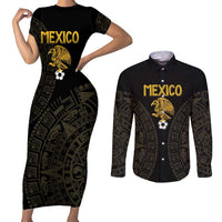 Mexico Football Custom Couples Matching Short Sleeve Bodycon Dress and Long Sleeve Button Shirt Viva Mexicana Aztec Inspired