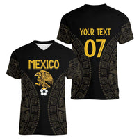 Mexico Football Custom Women V-Neck T-Shirt Viva Mexicana Aztec Inspired
