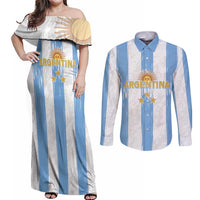 Argentina Football Custom Couples Matching Off Shoulder Maxi Dress and Long Sleeve Button Shirt 2024 Albiceleste Grunge LT7 - Wonder Print Shop
