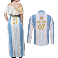 Argentina Football Custom Couples Matching Off Shoulder Maxi Dress and Long Sleeve Button Shirt 2024 Albiceleste Grunge LT7 - Wonder Print Shop