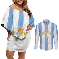 Argentina Football Custom Couples Matching Off Shoulder Short Dress and Long Sleeve Button Shirt 2024 Albiceleste Grunge LT7 - Wonder Print Shop