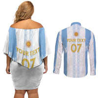 Argentina Football Custom Couples Matching Off Shoulder Short Dress and Long Sleeve Button Shirt 2024 Albiceleste Grunge LT7 - Wonder Print Shop
