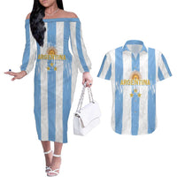 Argentina Football Custom Couples Matching Off The Shoulder Long Sleeve Dress and Hawaiian Shirt 2024 Albiceleste Grunge LT7 - Wonder Print Shop