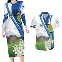 El Salvador Tazumal Couples Matching Long Sleeve Bodycon Dress and Hawaiian Shirt Flor de Izote with Torogoz Bird - Wonder Print Shop