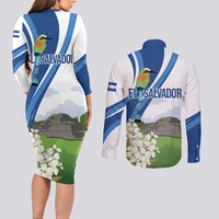 El Salvador Tazumal Couples Matching Long Sleeve Bodycon Dress and Long Sleeve Button Shirt Flor de Izote with Torogoz Bird - Wonder Print Shop