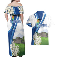 El Salvador Tazumal Couples Matching Off Shoulder Maxi Dress and Hawaiian Shirt Flor de Izote with Torogoz Bird - Wonder Print Shop