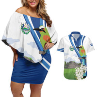 El Salvador Tazumal Couples Matching Off Shoulder Short Dress and Hawaiian Shirt Flor de Izote with Torogoz Bird - Wonder Print Shop