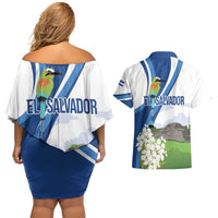 El Salvador Tazumal Couples Matching Off Shoulder Short Dress and Hawaiian Shirt Flor de Izote with Torogoz Bird - Wonder Print Shop