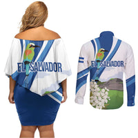 El Salvador Tazumal Couples Matching Off Shoulder Short Dress and Long Sleeve Button Shirt Flor de Izote with Torogoz Bird - Wonder Print Shop