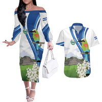 El Salvador Tazumal Couples Matching Off The Shoulder Long Sleeve Dress and Hawaiian Shirt Flor de Izote with Torogoz Bird - Wonder Print Shop