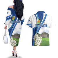 El Salvador Tazumal Couples Matching Off The Shoulder Long Sleeve Dress and Hawaiian Shirt Flor de Izote with Torogoz Bird - Wonder Print Shop