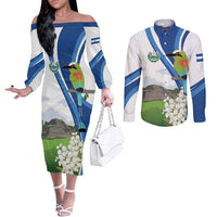 El Salvador Tazumal Couples Matching Off The Shoulder Long Sleeve Dress and Long Sleeve Button Shirt Flor de Izote with Torogoz Bird - Wonder Print Shop
