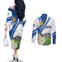 El Salvador Tazumal Couples Matching Off The Shoulder Long Sleeve Dress and Long Sleeve Button Shirt Flor de Izote with Torogoz Bird - Wonder Print Shop