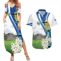 El Salvador Tazumal Couples Matching Summer Maxi Dress and Hawaiian Shirt Flor de Izote with Torogoz Bird - Wonder Print Shop