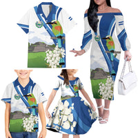 El Salvador Tazumal Family Matching Off The Shoulder Long Sleeve Dress and Hawaiian Shirt Flor de Izote with Torogoz Bird - Wonder Print Shop