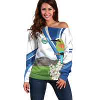 El Salvador Tazumal Off Shoulder Sweater Flor de Izote with Torogoz Bird - Wonder Print Shop