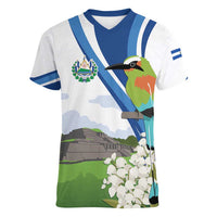 El Salvador Tazumal Women V-Neck T-Shirt Flor de Izote with Torogoz Bird - Wonder Print Shop