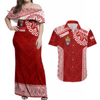 Personalised Tonga Rugby Couples Matching Off Shoulder Maxi Dress and Hawaiian Shirt Mate Ma'a Tonga Champions LT7 - Wonder Print Shop