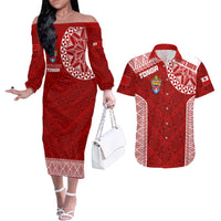 Personalised Tonga Rugby Couples Matching Off The Shoulder Long Sleeve Dress and Hawaiian Shirt Mate Ma'a Tonga Champions LT7 - Wonder Print Shop
