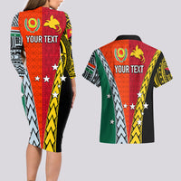 Personalised Papua New Guinea Mix Penama Couples Matching Long Sleeve Bodycon Dress and Hawaiian Shirt Tribal Patterns Half-Half Style LT7 - Wonder Print Shop