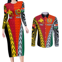 Personalised Papua New Guinea Mix Penama Couples Matching Long Sleeve Bodycon Dress and Long Sleeve Button Shirts Tribal Patterns Half-Half Style LT7 - Wonder Print Shop