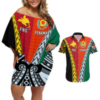 Personalised Papua New Guinea Mix Penama Couples Matching Off Shoulder Short Dress and Hawaiian Shirt Tribal Patterns Half-Half Style LT7 - Wonder Print Shop