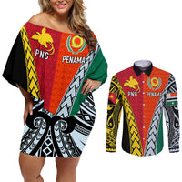 Personalised Papua New Guinea Mix Penama Couples Matching Off Shoulder Short Dress and Long Sleeve Button Shirts Tribal Patterns Half-Half Style LT7 - Wonder Print Shop