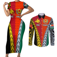 Personalised Papua New Guinea Mix Penama Couples Matching Short Sleeve Bodycon Dress and Long Sleeve Button Shirts Tribal Patterns Half-Half Style LT7 - Wonder Print Shop