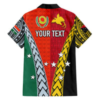 Back of colorful half-and-half Hawaiian shirt with "YOUR TEXT", tribal patterns, star accents