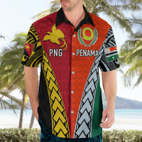 Mens colorful half-and-half Hawaiian shirt with "PNG" and "PENAMA", tribal patterns, button front