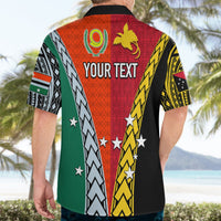 Back view of mens colorful half-and-half Hawaiian shirt with "YOUR TEXT", tribal patterns