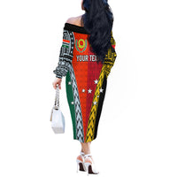 Personalised Papua New Guinea Mix Penama Off The Shoulder Long Sleeve Dress Tribal Patterns Half-Half Style - Wonder Print Shop